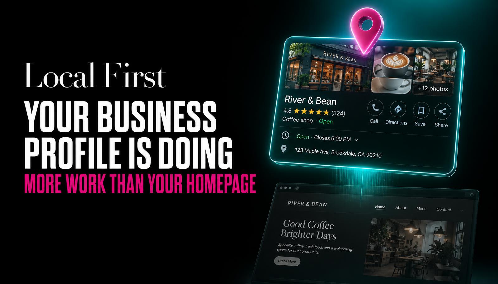 A phone screen showing a Google Maps business listing with photos and reviews