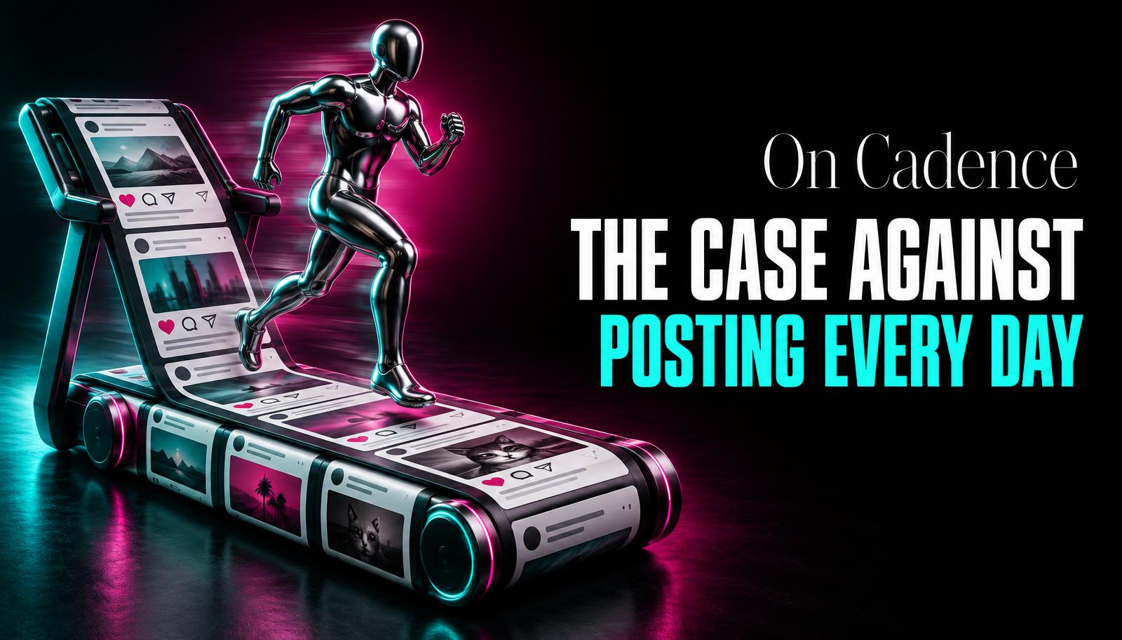 A dark cover showing a figure running on a treadmill made of social posts.