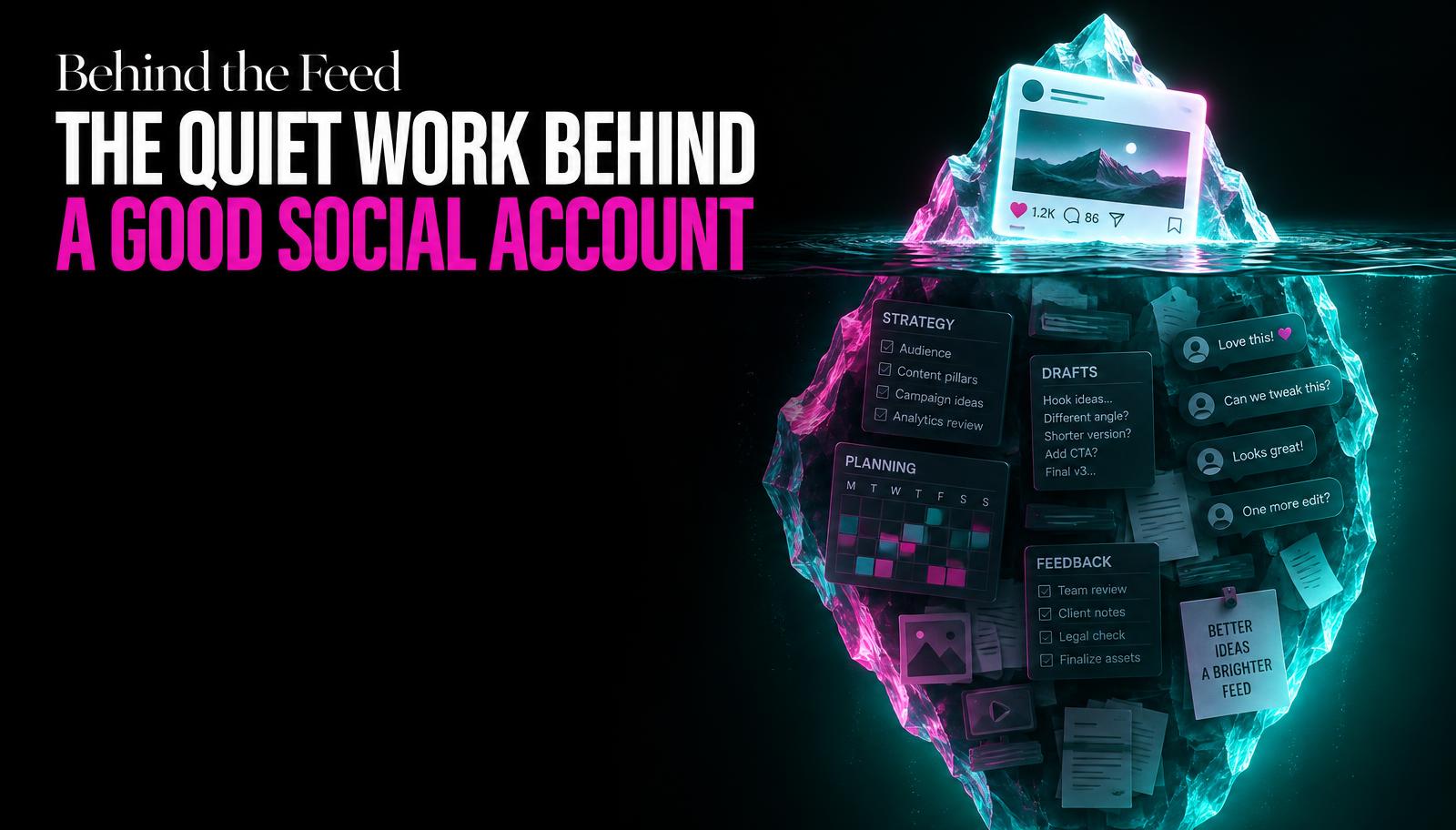 A dark cover showing an iceberg, a single social post above water and all the planning below it.