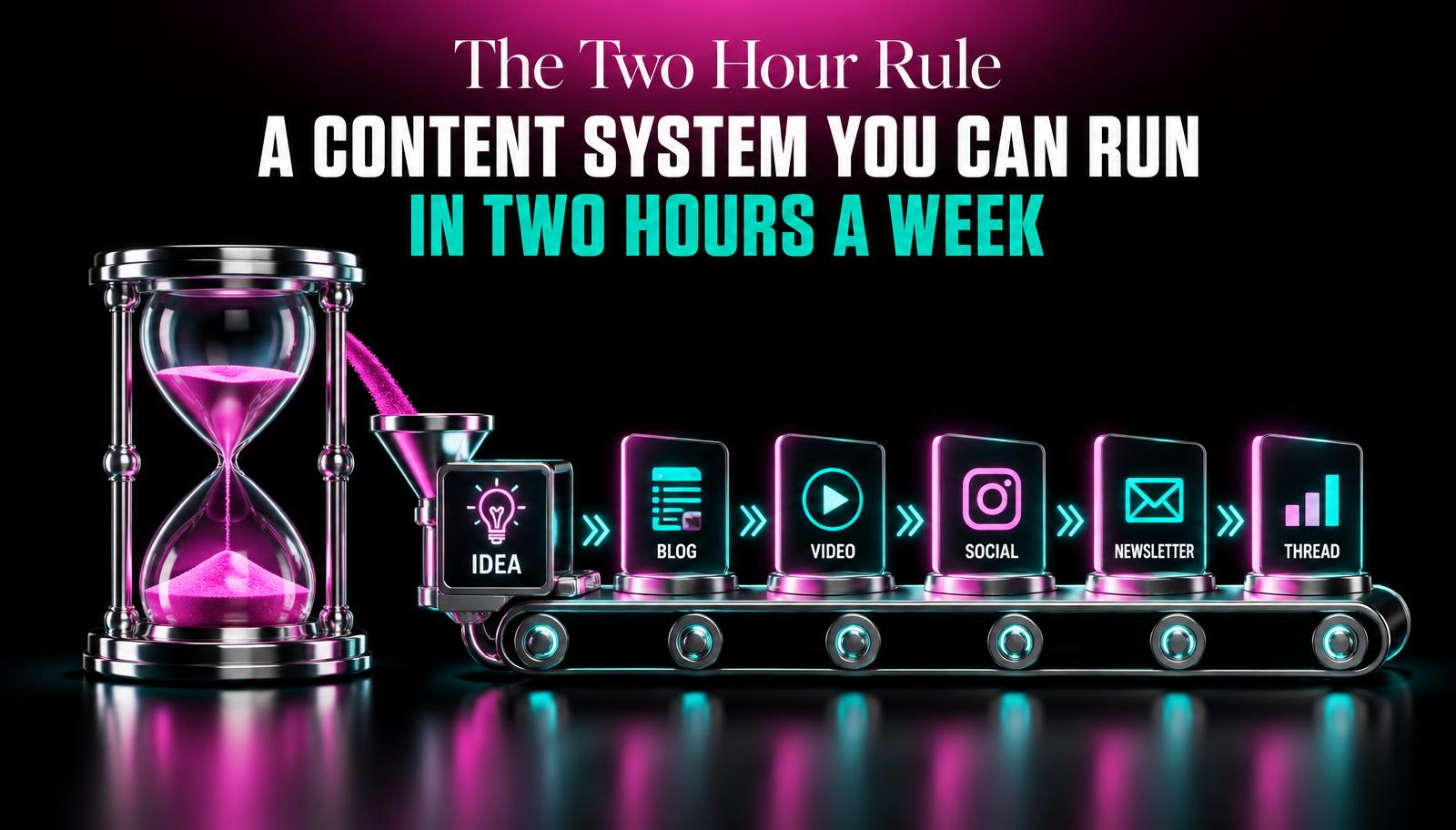 A dark cover showing an hourglass feeding a conveyor belt of content cards.